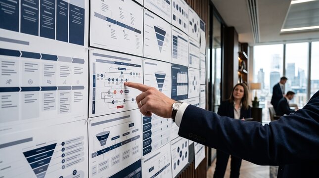 Executive businessman pointing at flowchart diagram during analytics strategy meeting in modern office workspace