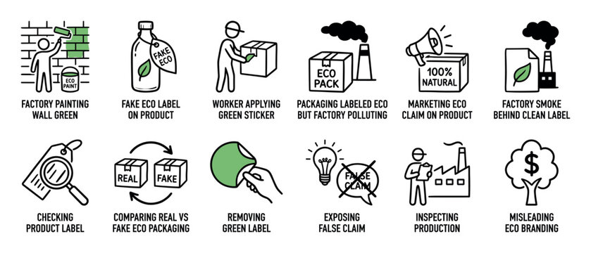 Set of greenwashing concept icons shows misleading environmental marketing, fake eco labels, corporate deception, and false sustainability claims in a simple hand-drawn doodle style