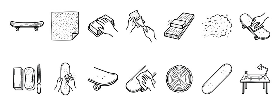 Hand-drawn skateboard making and customization icons set showing the DIY process of building a deck from wood and applying grip tape in a black line art doodle style