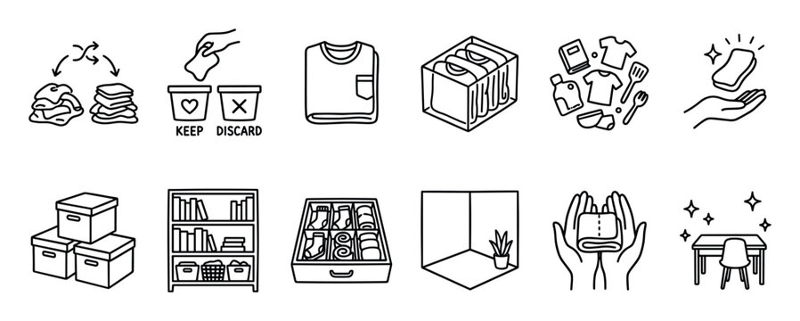 Set of twelve hand-drawn line art icons showing decluttering, organizing, and tidying concepts like folding clothes, sorting items, and cleaning for a minimalist lifestyle