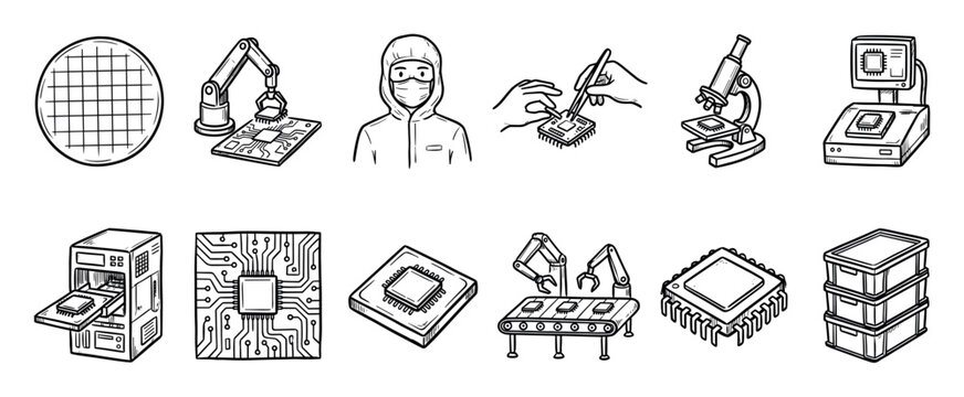Hand-drawn semiconductor manufacturing icon set illustrating the production process with a silicon wafer, robotic arm, cleanroom worker, microscope, and conveyor belt assembly line