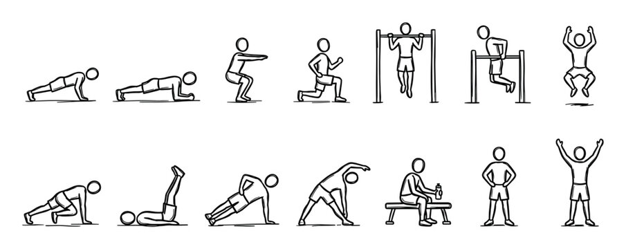 Set of hand-drawn fitness exercise icons showing a stick figure doing various workout poses like push-ups, squats, pull-ups, and stretching in a simple doodle sketch style