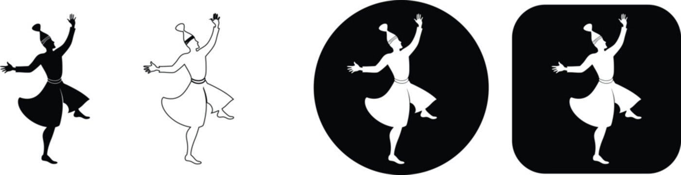 Four square frames featuring a dancing figure silhouette, including solid black, outline, and white on dark background, variations for