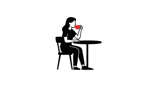A minimalist illustration of a woman sitting at a table drinking from a red cup