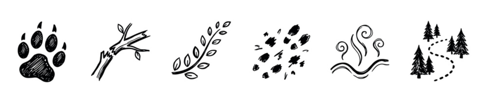 Hand-drawn black forest and wildlife icons set featuring a paw print, broken branch, leafy twig, fur pattern, wind swirls, and a trail through pine trees in a sketchy doodle style