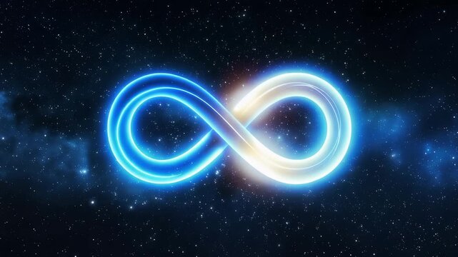 Glowing blue infinity symbol floating in deep space with stars and nebulae in the background 4k video
