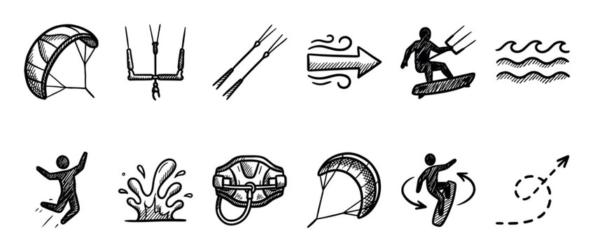 Hand-drawn kitesurfing and kiteboarding icon set showing equipment, athlete silhouettes, and water sport elements in a simple black and white sketch illustration