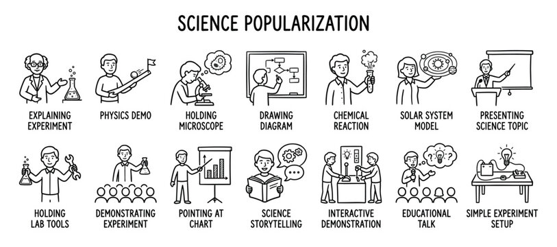 Science popularization icon set with hand-drawn doodle illustrations showing experiments, presentations, and educational activities like physics demos and chemical reactions
