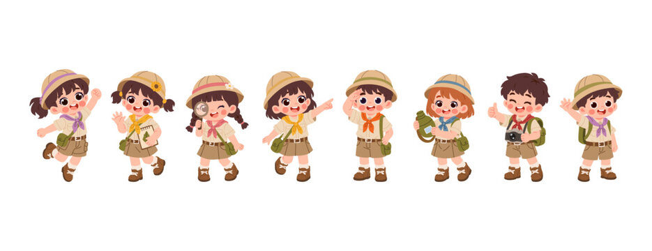 Cute boy and girl scouts characters set. Happy children in explorer uniform with backpack, camera, magnifying glass and notebook going on a camping adventure. Vector cartoon illustration.