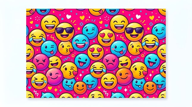 Seamless pattern of colorful emojis with various facial expressions on a vibrant pink background for digital design and social media