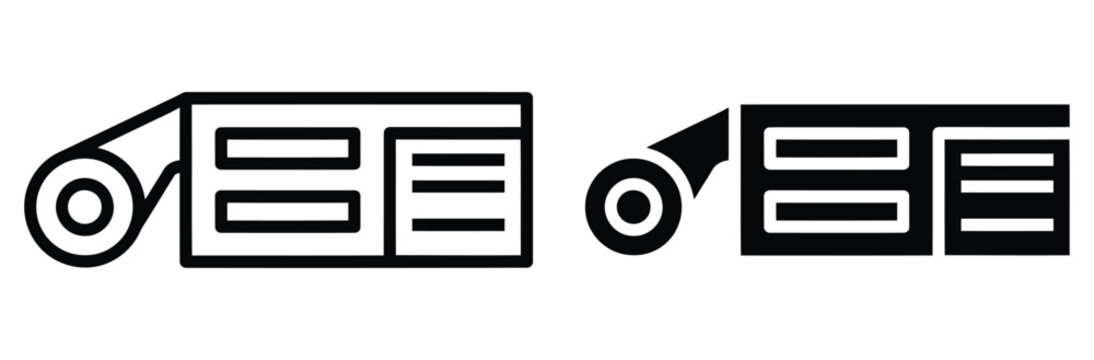 WebPaper roll printing icon set. Wallpaper or textile fabric roll symbol for large format plotter printing, industrial manufacturing process, banner billboard design studio vector illustration.