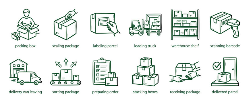 Logistics and delivery process icon set showing packing, labeling, shipping, warehousing, and receiving parcels in a hand-drawn sketch style