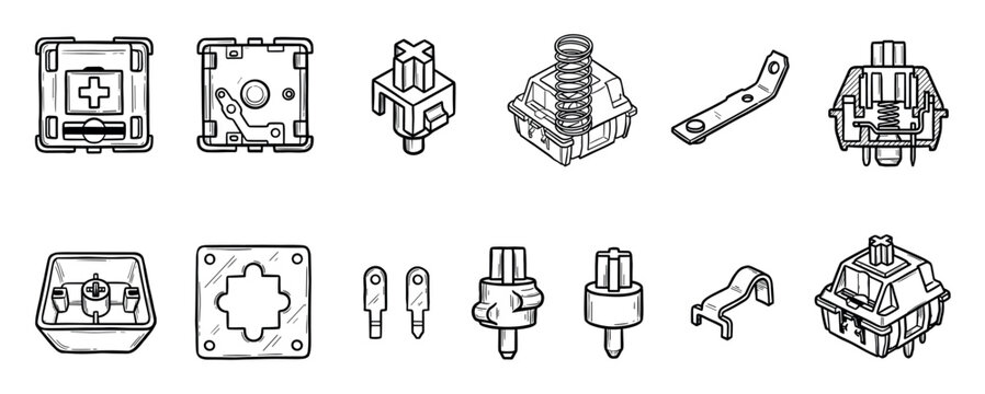 Mechanical keyboard switch parts collection in a hand-drawn line art style showing the anatomy and components like stem, spring, and housing for custom builds or technical diagrams
