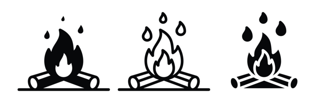 WebCampfire icon set. Bonfire with firewood log and flame symbol for outdoor camping adventure, forest scout tourism, summer hiking trip, fireplace heating or barbecue picnic vector illustration.