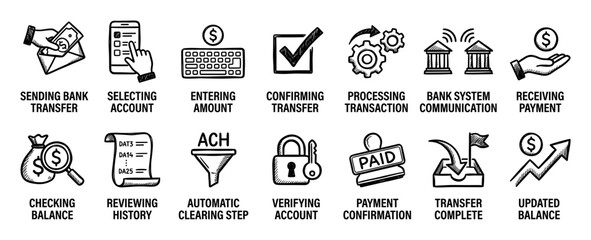 Fototapeta premium Hand-drawn icon set illustrating the bank transfer process from sending to receiving payment, including account verification, transaction processing, and balance updates in a sketch style