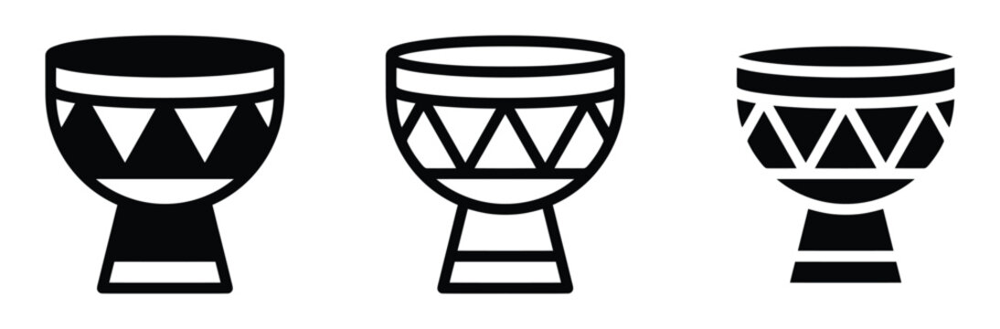 African djembe drum icon set. Traditional ethnic percussion musical instrument symbol for music festival, folk beat or cultural event. Tribal goblet drum, bongo, darbuka vector illustration.