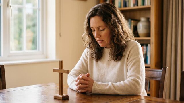 Christian woman sitting at table and praying with hands clasped near wooden cross. Female believer asking god for forgiveness with closed eyes. Religion, faith and spirituality concept