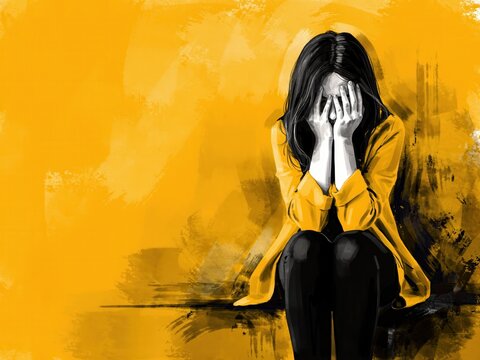 Depressed woman covering face with hands, sitting against a textured yellow background