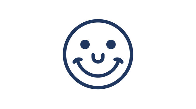 A simple dark blue outline of a happy smiling face icon on a white background