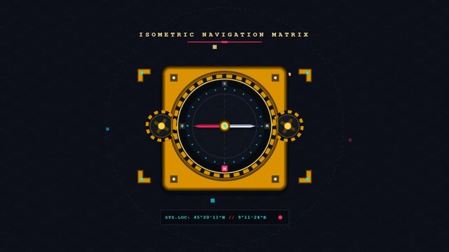 Futuristic HUD digital compass interface animation with rotating needle and coordinate data.