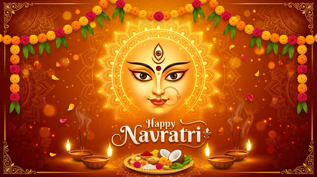 Happy Navratri greeting card with Goddess Durga face, glowing diyas, floral garlands and festive puja background