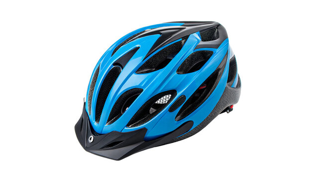 Modern blue and black bicycle helmet safety sports gear isolated on transparent background cut out
