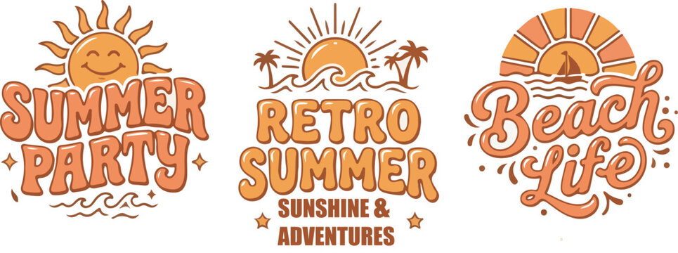 Retro Summer Beach Party Badges and Vintage Illustration Set