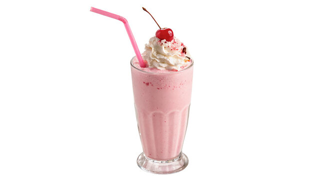 Pink strawberry milkshake with straw and whipped cream isolated on transparent background cut out