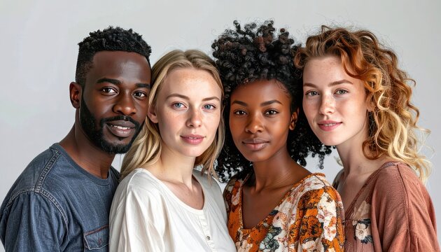 Diverse group of four young adults standing together, smiling gently.