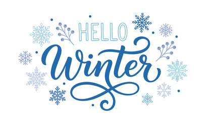 Hello winter elegant typography composition with blue handwritten calligraphy snowflakes and seasonal decorative elements isolated on white background © Siraj