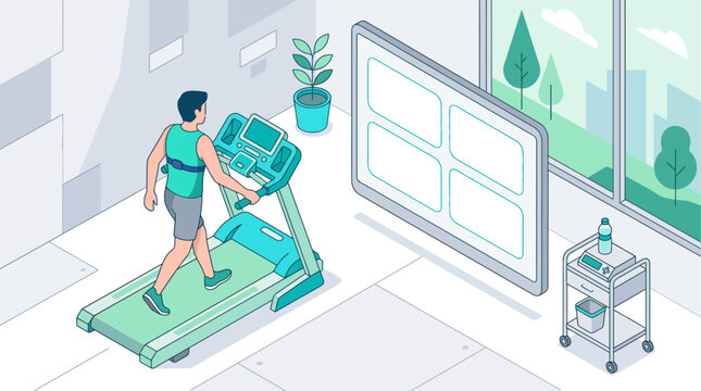 Isometric illustration of a man exercising on a smart treadmill with a chest strap heart rate monitor, looking at a large screen display in a modern home gym or health clinic