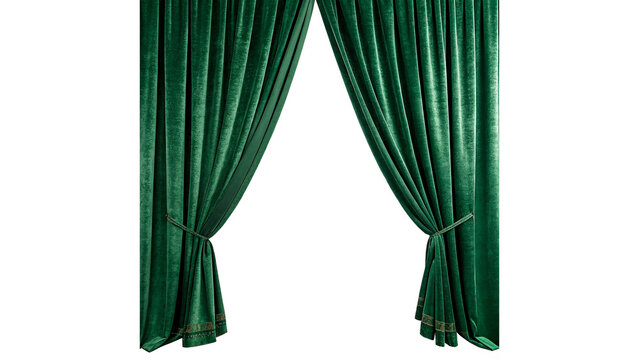 Elegant dark green curtains classic home interior decor velvet isolated on transparent background cut out