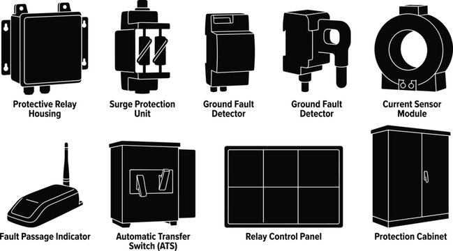 Electrical Protection and Relay System Components Black Silhouette Icons Set Isolated on White Background