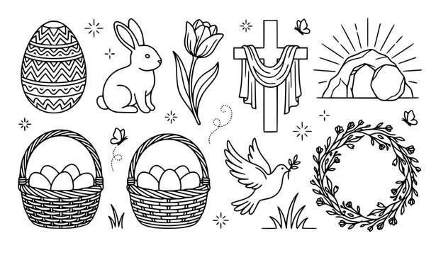 Religious Easter Symbols and Floral Botanical Outline Collection