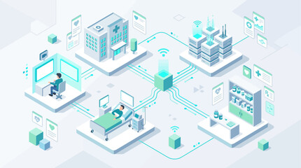Fototapeta premium Isometric Smart Hospital and Telemedicine Network Concept with Patient Monitoring Server Data Center Doctor Station and Pharmacy Vector Illustration