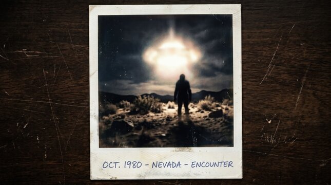Silhouette stands facing a bright UFO above a desert landscape in a vintage polaroid on wood background. The photo conveys mystery and retro paranormal theme.