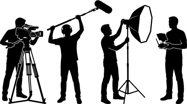 Film crew silhouettes set featuring cameraman boom operator lighting technician and drone pilot isolated on white background