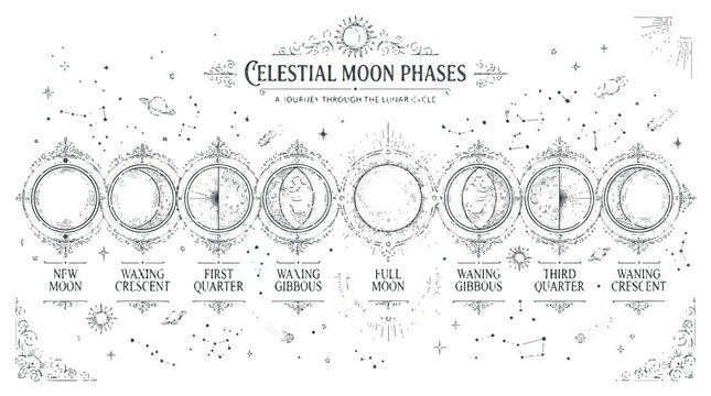 Illustrated Diagram of Celestial Moon Phases with Labels and Orbit Illustrations.