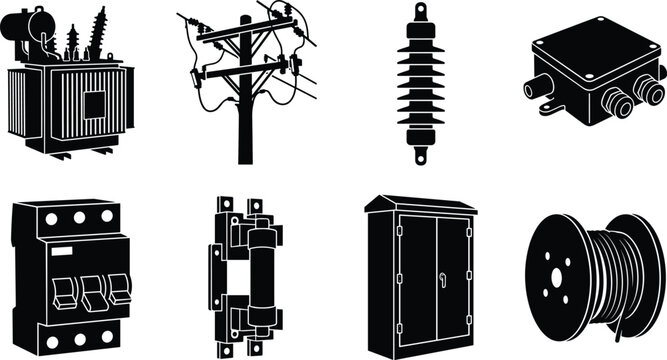Electrical grid infrastructure and power line components black silhouette icon set isolated on white background