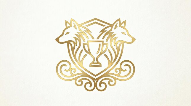 Golden wolf crest with trophy on white background.