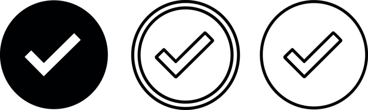 Professional minimalist check mark icon set in high contrast circles for digital verification and positive task completion.