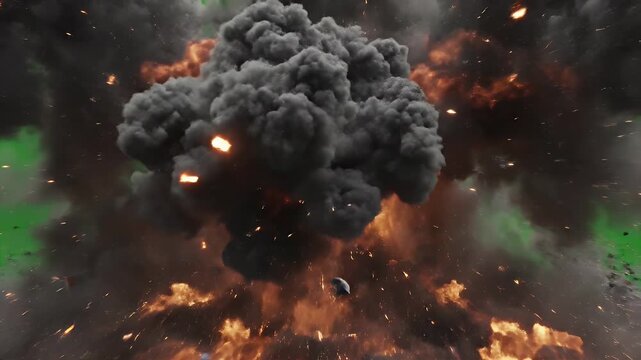 A dynamic explosion effect with debris and sparks is prominently displayed against a vibrant green screen background, ideal for visual effects compositing.