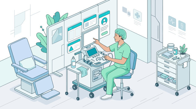 Isometric vector illustration of a male doctor operating an ultrasound machine in a modern medical clinic, digital healthcare technology concept in clean line art style