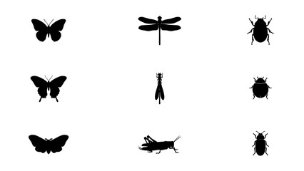 Fototapeta premium Insects Including Butterflies, Dragonflies, Beetles, and Grasshoppers in Black Silhouette Style Featuring Nature, Wildlife