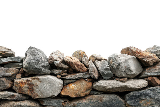 Rough stone wall construction with weathered natural rocks against a bright sky, isolated on transparent background