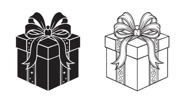 black gift box with white bow and star pattern in line art vector icon black silhouette black silhouette with line art vector icon