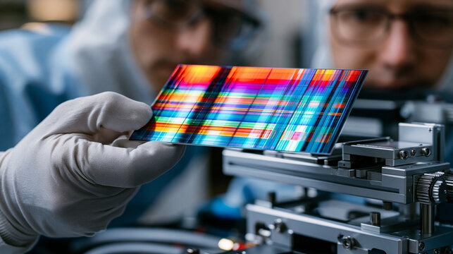 Perovskite solar cell researcher transfers a freshly deposited film onto a testing jig inside a cleanroom enclosure, the sterile white background of the controlled environment contrasting with the i