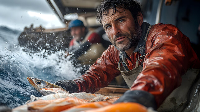 Brave fisherman in raincoat fighting storm waves on a boat in open ocean