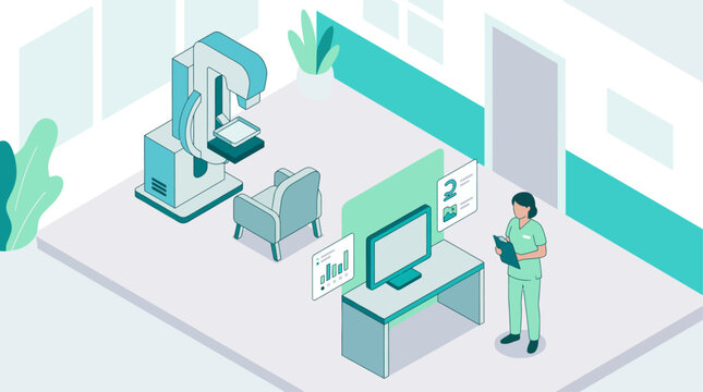 Isometric medical illustration of a mammography room with mammogram scanner machine and a female doctor or nurse in scrubs holding clipboard, diagnostic clinic vector for healthcare design