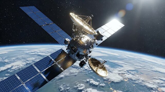A detailed view of a communication satellite orbiting Earth, showcasing its solar panels and antenna arrays against a backdrop of clouds and stars.
